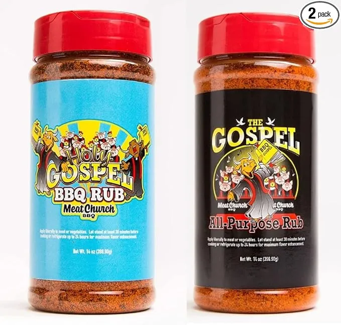 Meat Church BBQ Rub Combo: Holy Gospel (14 oz) and The Gospel (14 oz) BBQ Rub and Seasoning for Meat and Vegetables, Gluten Free, One Bottle of Each