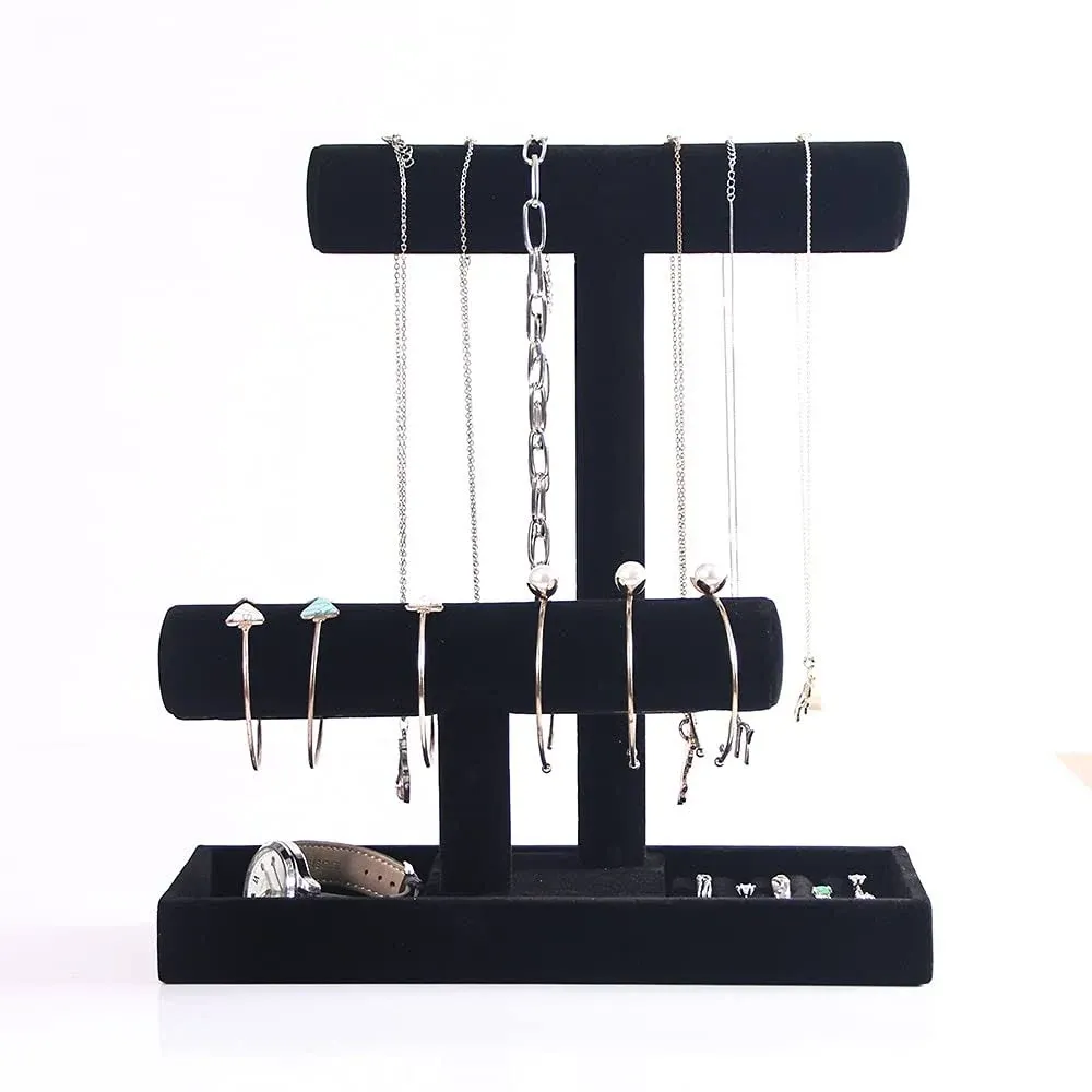 Coward 2 Tier Necklace Bracelet Holder Organizer With ring Tray, Multi-use Jewelry Display Stand For Necklace Bracelet Bangle Watch Scrunchie (Black/no Lid)