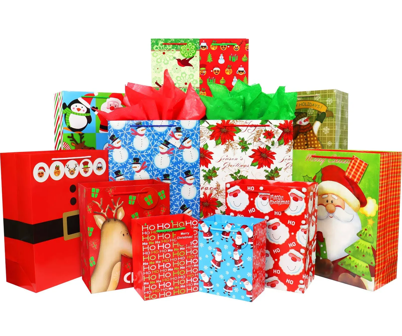 Christmas Gift Bags Bulk Set, 12 Pcs Assorted Sizes Paper bag Xlarge Medium Small (Variety Sizes, 12 Designs)