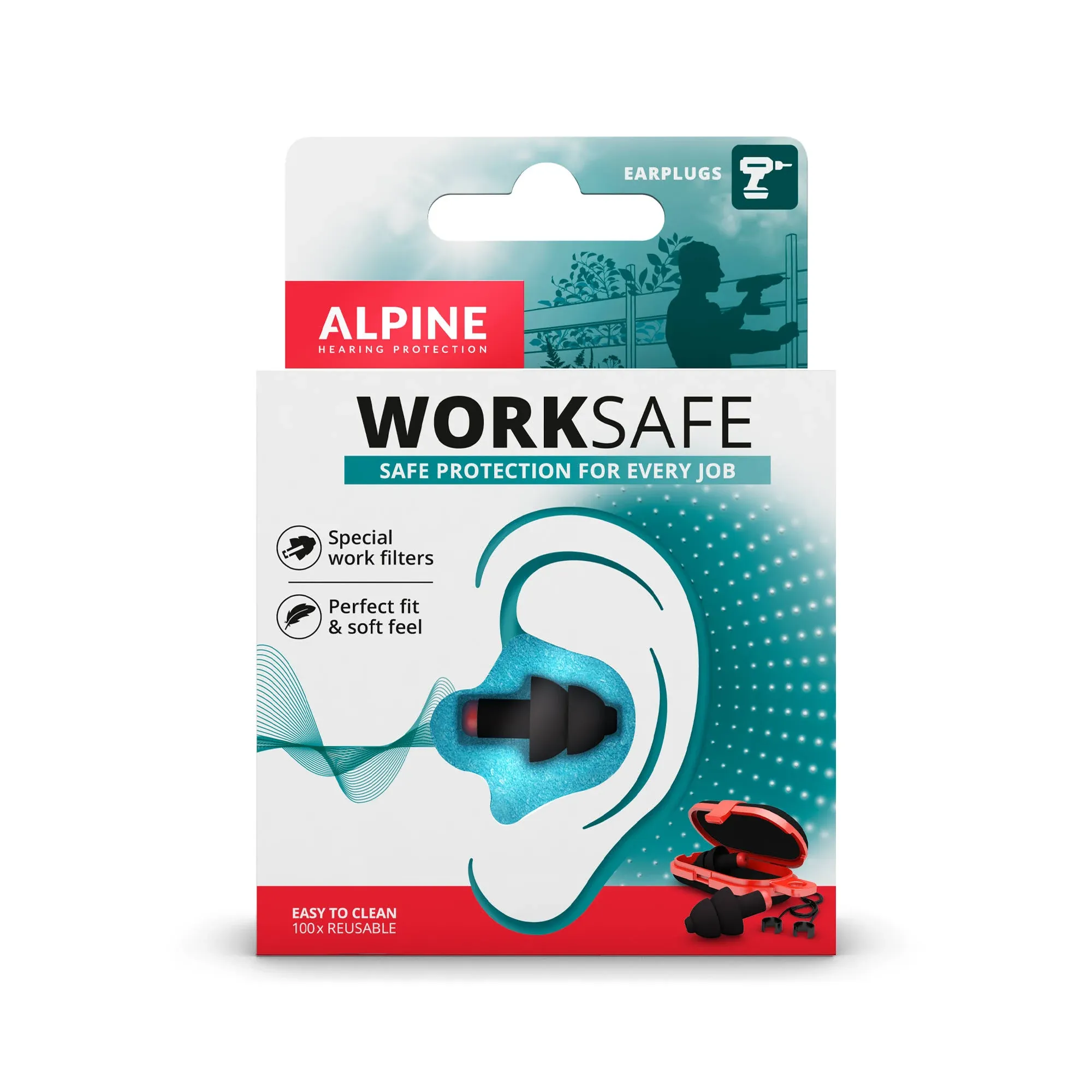 Alpine WorkSafe Construction Earplugs for Adult - Reusable Ear Protection for Work & DIY - Comfortable Hypoallergenic Filter for Noise Reduction - 23dB - With Safety Cord