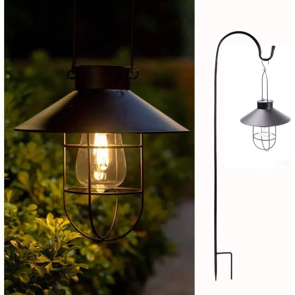 2Pack Solar Metal Hanging Lantern with Shepherd Hook Outdoor Led Garden Lights Black