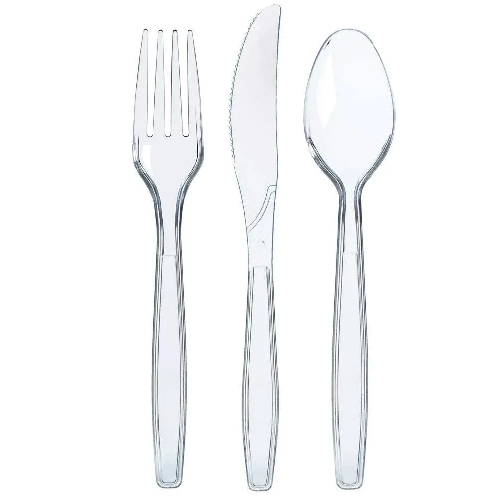 Prestee 300 Plastic Silverware Set, Clear Plastic Cutlery Set, Disposable Set - 100 Plastic Forks, 100 Plastic Spoons, 100 Plastic Knives, Heavy Duty