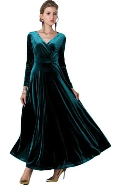 EXCHIC Women Elegant Velvet Long Dress Evening Party Dancing Dress Christmas Maxi Dress