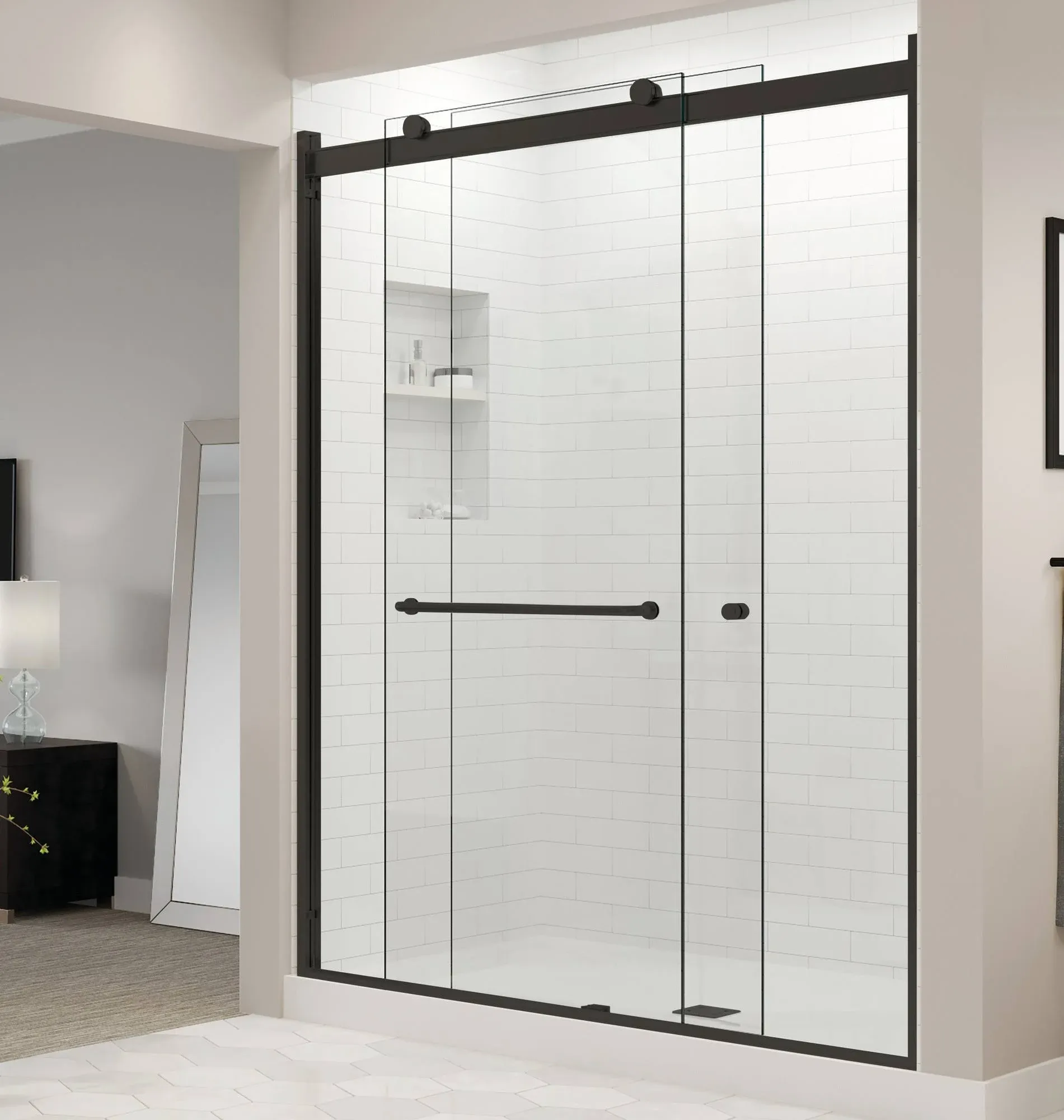 Basco Rotolo 48 in. x 70 in. Semi-Frameless Sliding Shower Door in Matte Black with Handle RTLH05B4870CLWI