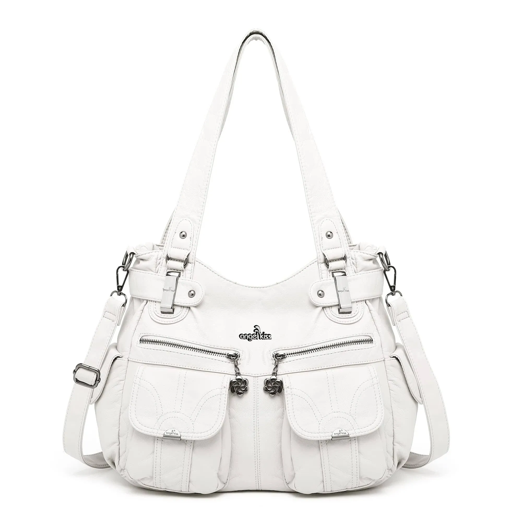 Angel Kiss Women Designer Handbag Large Double Zipper Multi Pocket Washed White