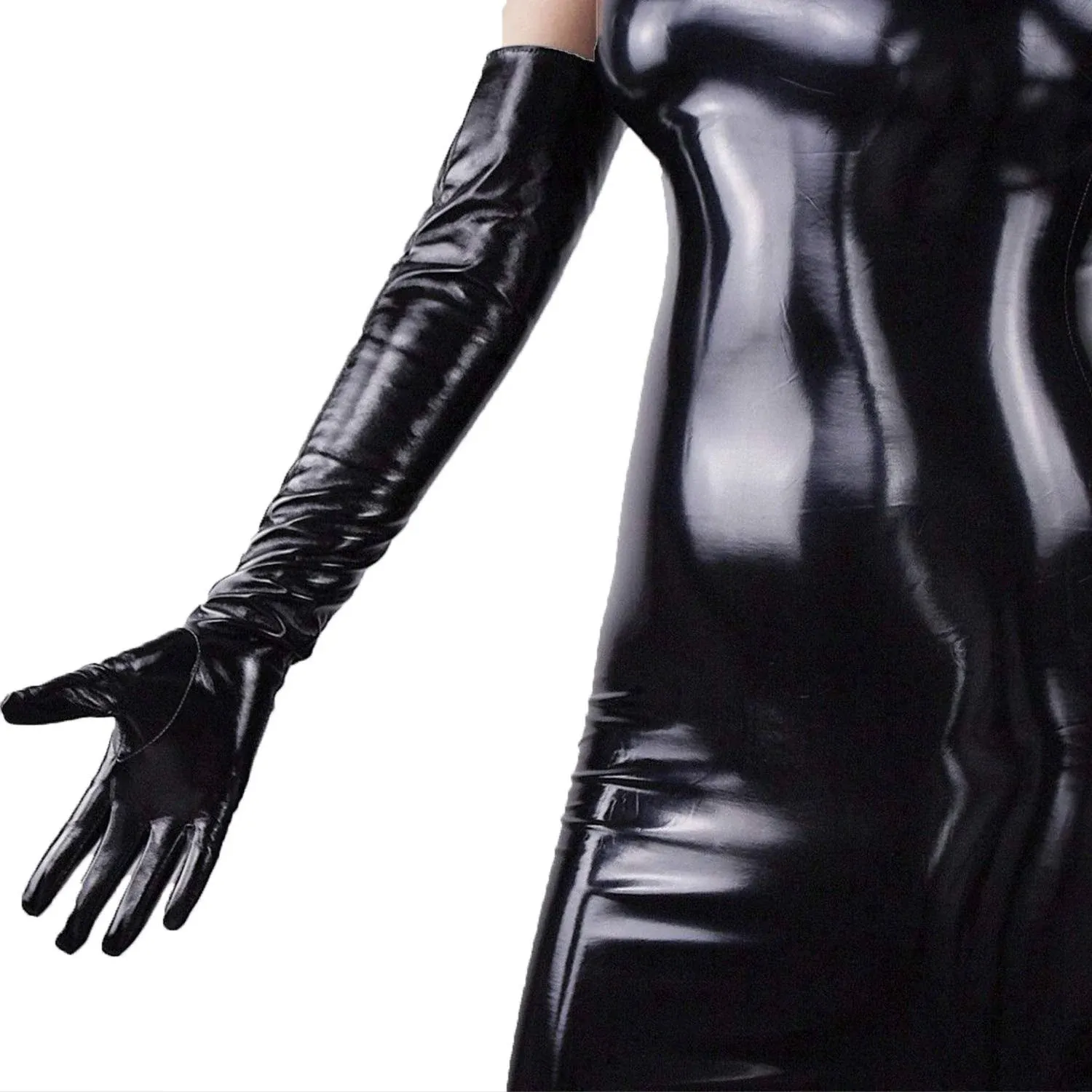 DooWay Super Long Latex Gloves Women Full Arm Length Faux Patent PU Shiny Black White Red Opera Costume Gloves