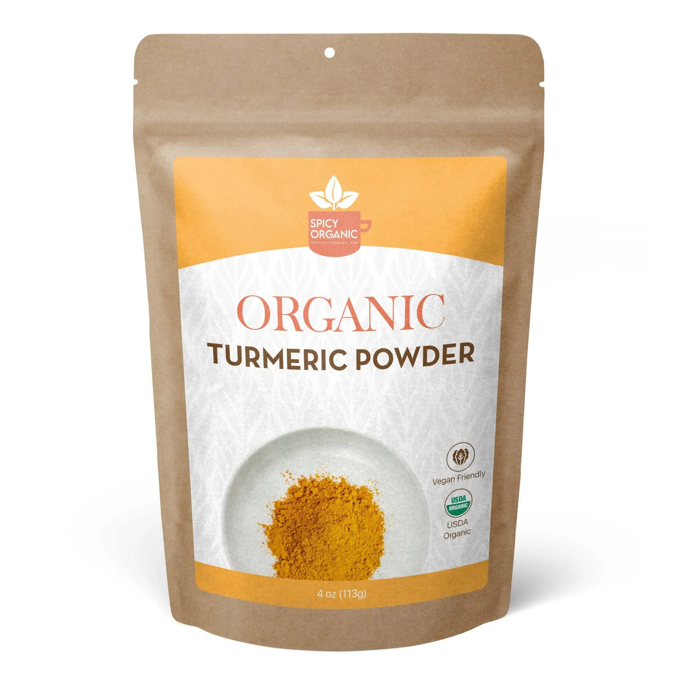 SPICY ORGANIC Turmeric Root Powder – 4 oz. – High Curcumin, Non-GMO Turmeric Spice for Cooking, Skin Care, Golden Milk, and Joint Health Support - Available in Bulk Pack