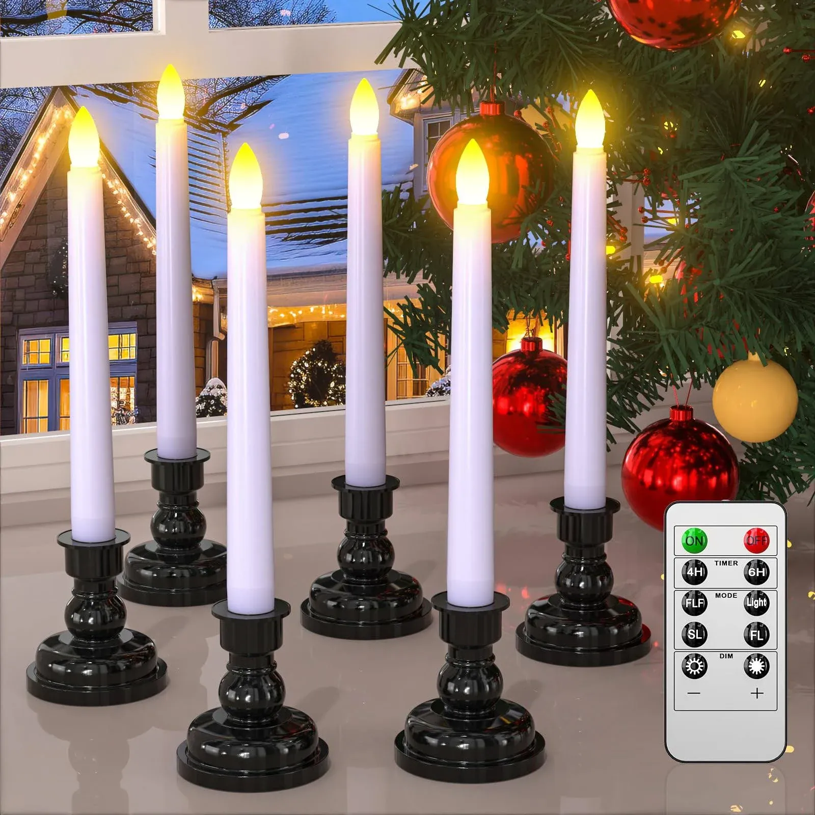 PChero LED Taper Candles with Remote Timers, 6 Pack Flameless Battery Operated Flickering Window Candles with Candlestick Holders for Thanksgiving Christmas Home Decorations