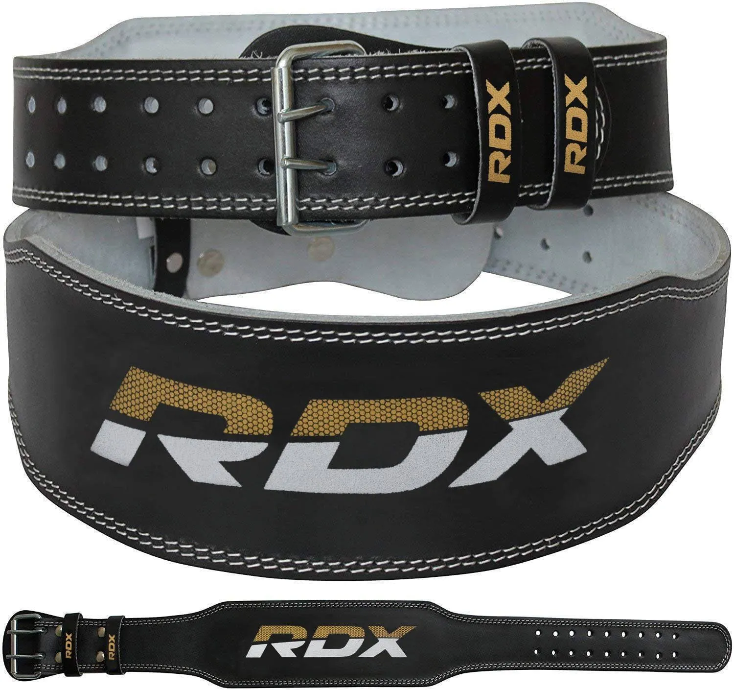 RDX 4 inch Leather Black Weightlifting Gym Belt, Large / Gold