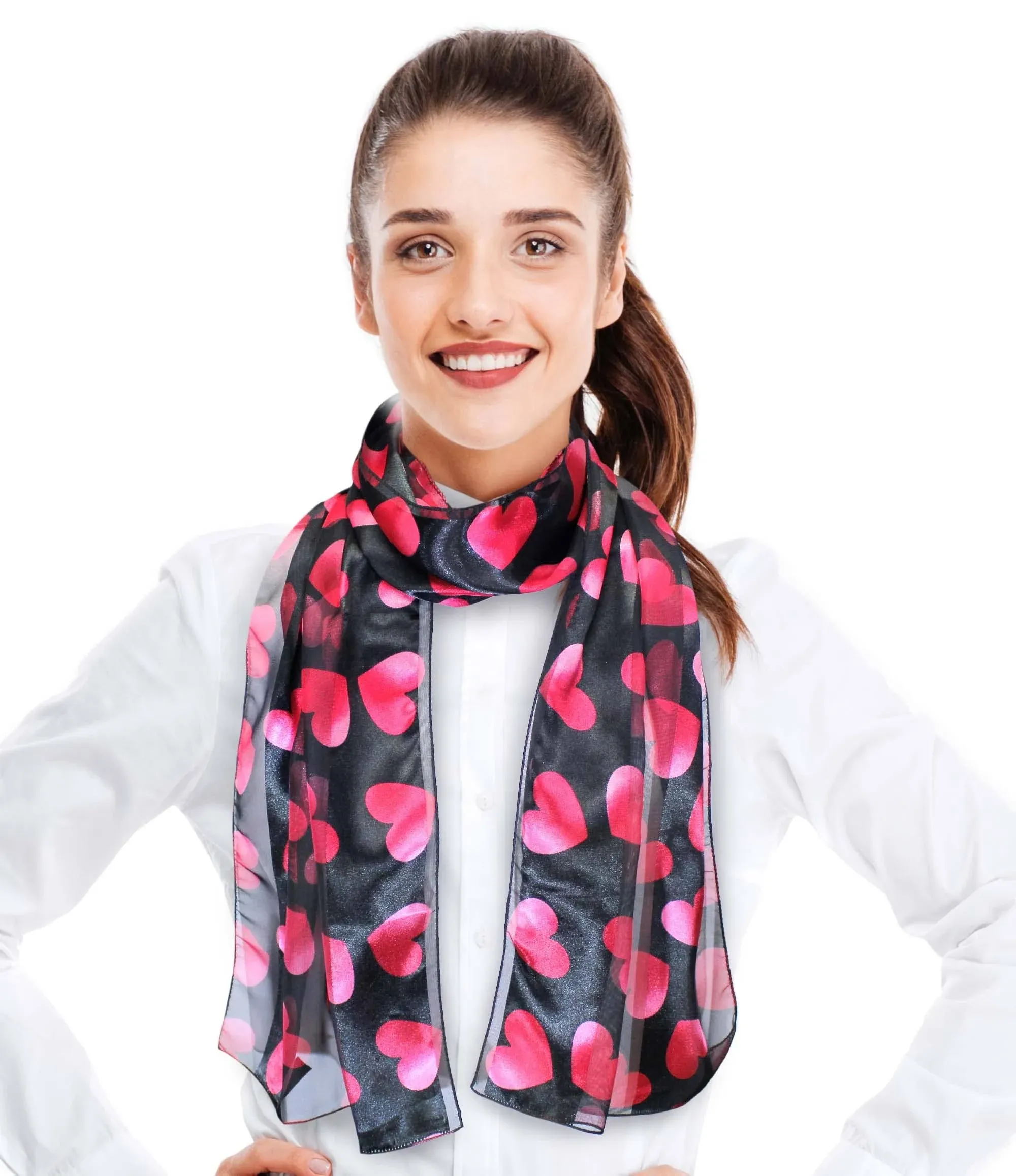 CBC Crown Women's Lightweight Silk Feeling Heart Print Valentines Day Festive Scarf 13"x60" or 35" x 35"