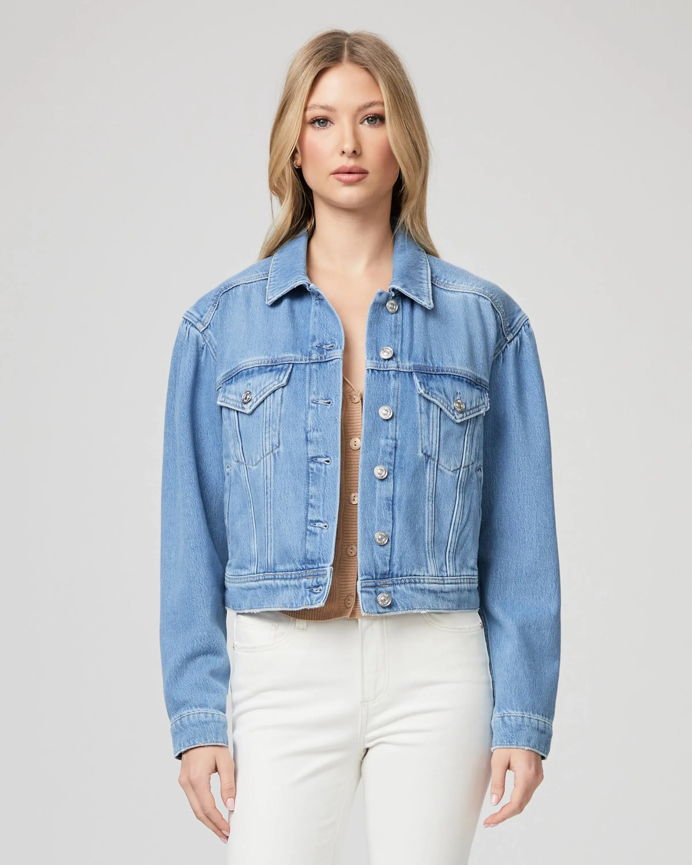 Paige Blythe Puff Shoulder Denim Jacket in Kova Distressed