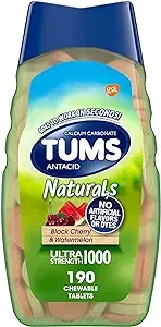 TUMS Naturals Ultra Strength Antacid Chews for Heartburn Relief, Great for a Summer BBQ - Black Cherry & Watermelon - 190 Count