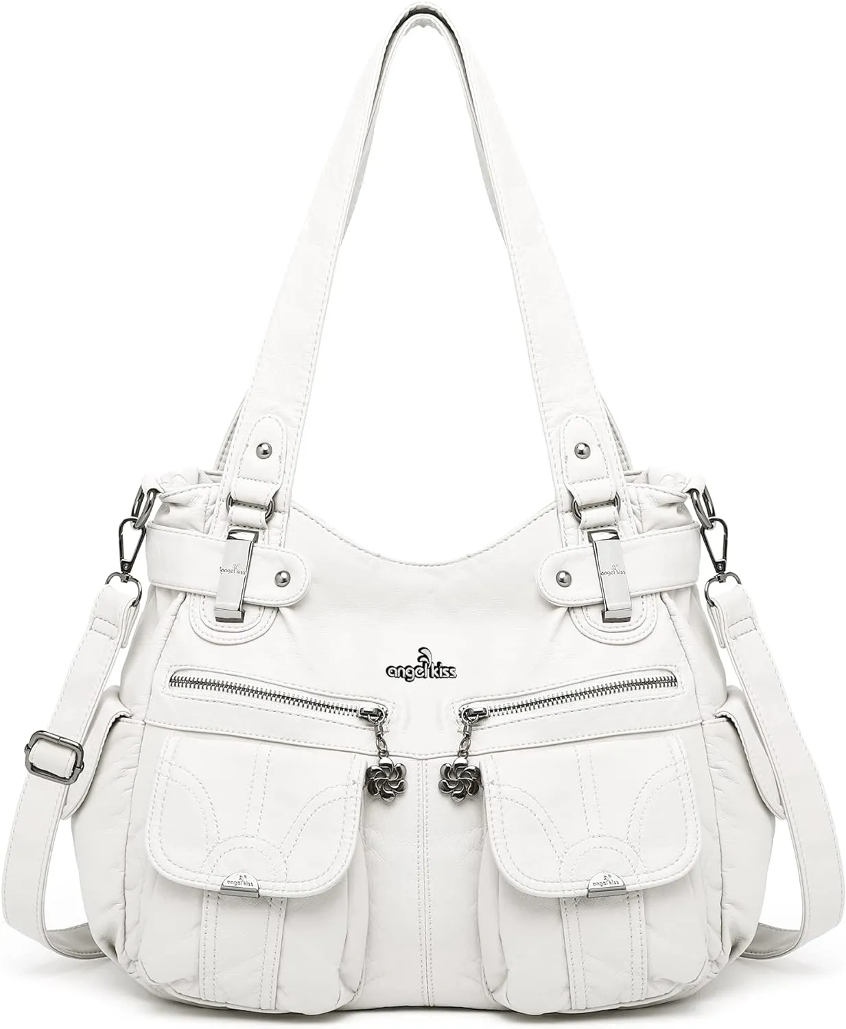 Angel Kiss Women Designer Handbag Large Double Zipper Multi Pocket Washed White