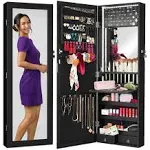 Best Choice Products Hanging Mirror Jewelry Armoire, Door or Wall Mounted Cabinet w/ LED Lights, Lock - Black