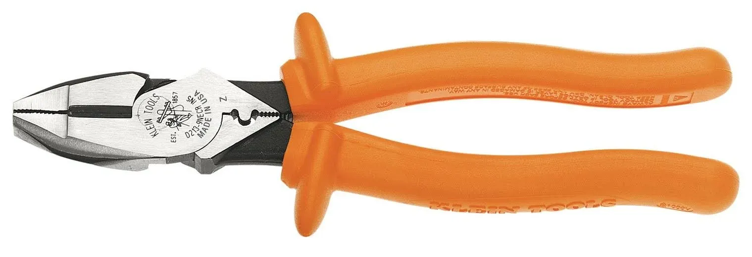 Klein Tools D213-9NE-CR-INS Side Cutting and Crimping Pliers, Made in USA, New England Nose, Insulated, 9-Inch