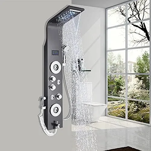 Black LED Shower Panel Tower Rain&Waterfall Massage Body System Jets Faucet