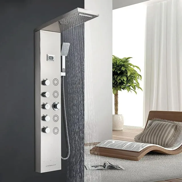 Black Shower Panel Tower System LED Rainfall&amp;Water<wbr/>fall Massage Body Jets Sprayer