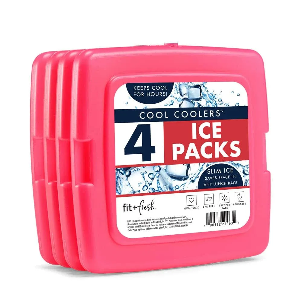 Cool Coolers by Fit & Fresh 4 Pack Slim Ice Packs, Quick Freeze Space Saving Reusable Ice Packs for Lunch Boxes or Coolers, Pink