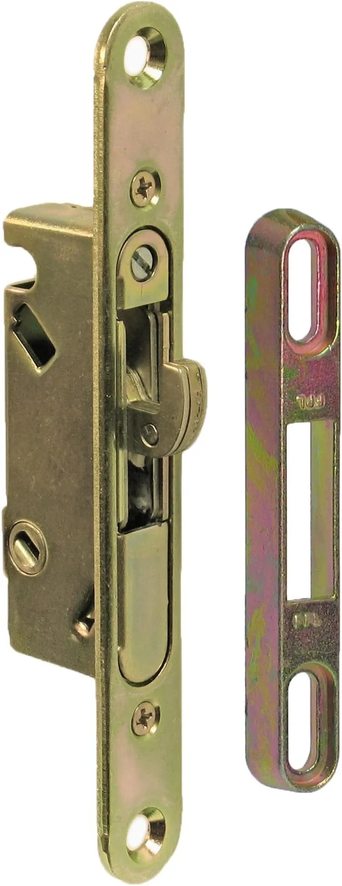 FPL #3-45-S Sliding Glass Door Replacement Mortise Lock with Adapter Plate, 5-3/8” Screw Holes, 45 Degree Keyway- YZD Plating