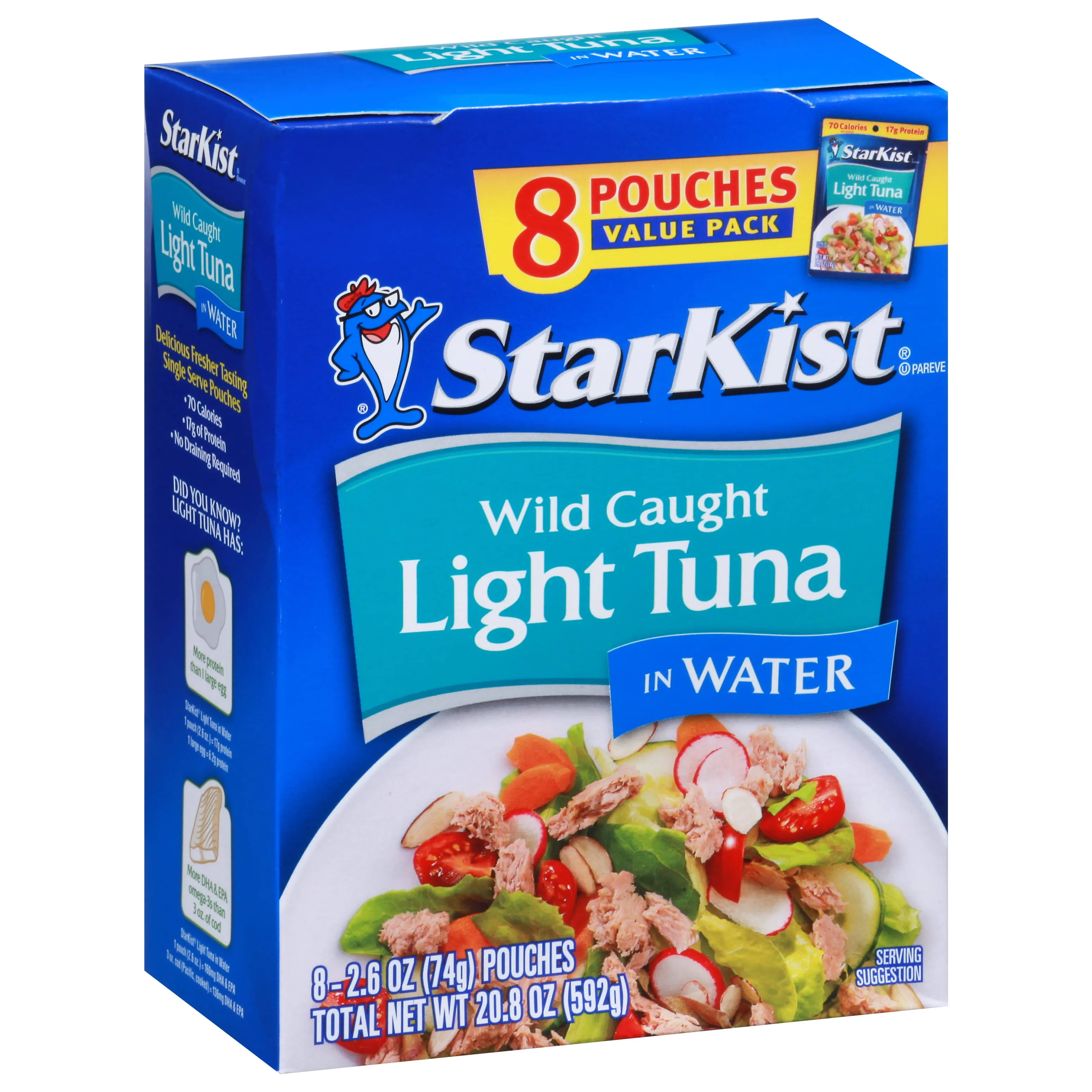 Starkist Tuna, in Water, Light, Wild Caught, Value Pack - 8 pack, 2.6 oz pouches