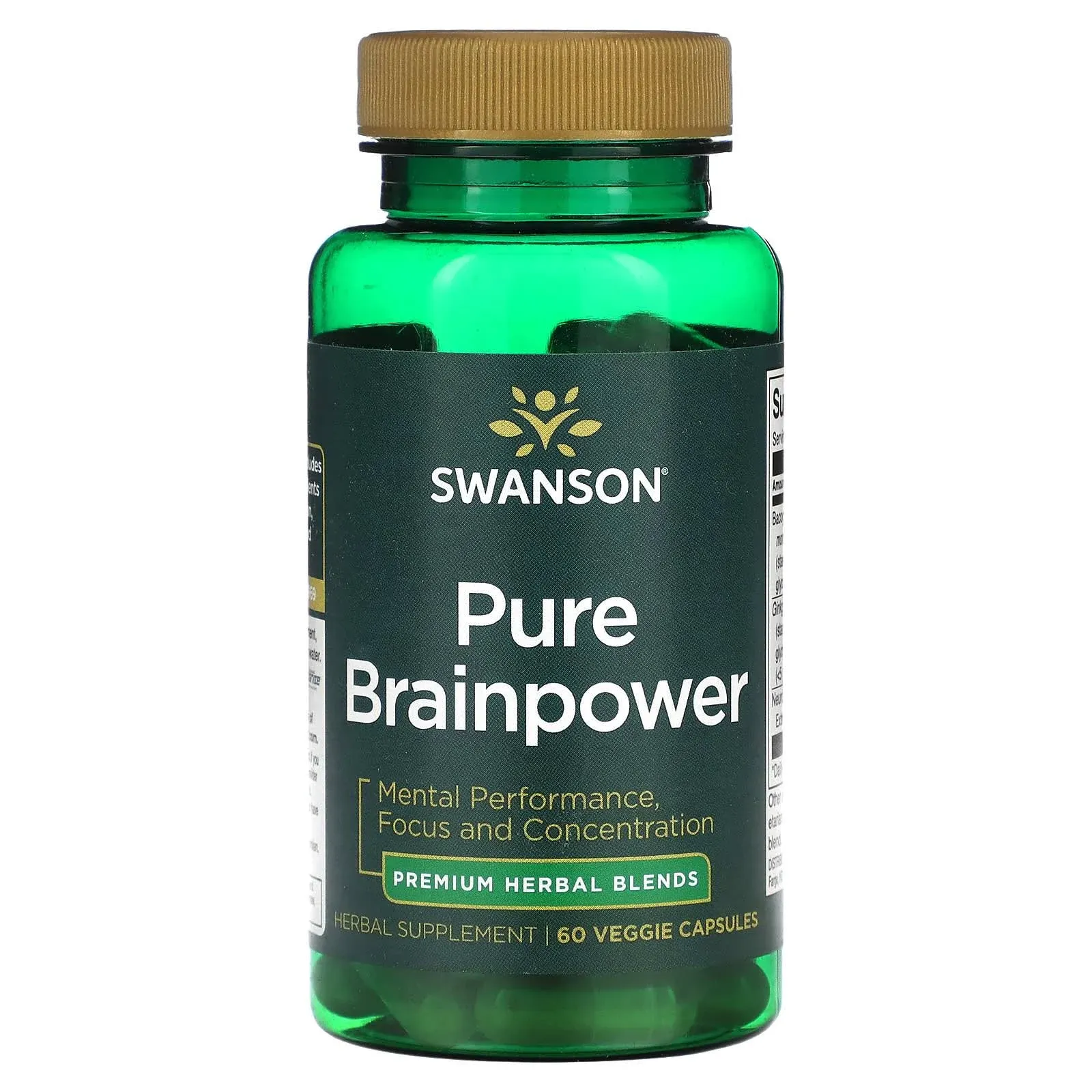 Swanson Pure Brainpower Brain Health Cognitive Memory Focus Support Brain-Derived Neurotrophic Factor (BDNF) Herbal Supplement (Ginkgo Biloba, Bacopa Monnieri) 60 Veggie Capsules (Veg Caps) Vegan