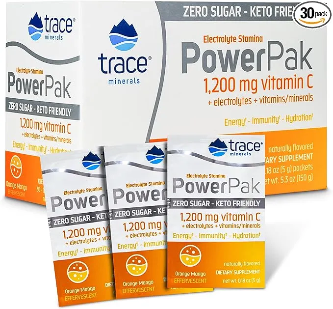 Trace Minerals® PowerPak Orange Mango | zuckerfreies Elektrolyte Trinkpulver zum Auflösen | 1200 mg Vitamin C, Zink, Magnesium | Low Carb & Keto | 30 x 5g Portionsbeutel