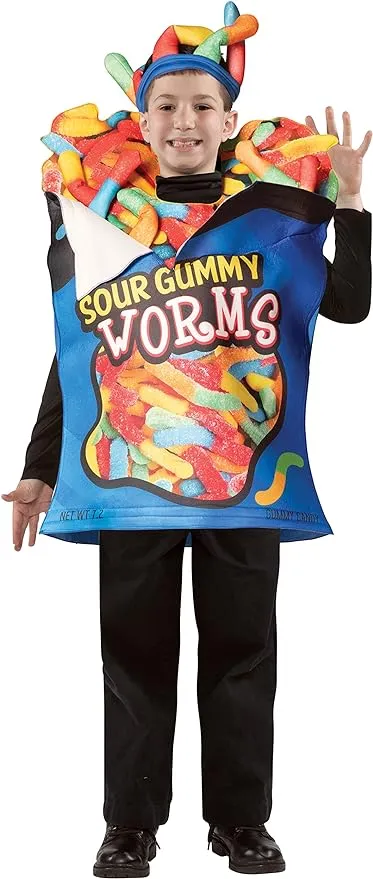 Rasta Imposta Sour Gummy Worms Child Costume Snacks Food Dress Up Kids Children Cosplay Party Costumes, Childs Size 7-10